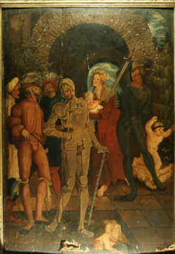 Lico obrazu. Stan przed konserwacją. Widoczny rodzaj i stopień zniszczeń , w tym przede wszystkim: pęknięcie podłoża malarskiego, odspojenie płótna od podłoża, ubytki warstw technologicznych, pociemniały werniks