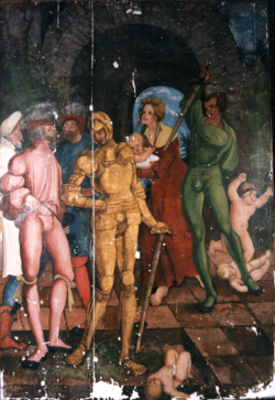 Lico obrazu. Stan w trakcie konserwacji. Widoczne uzupełnione ubytki warstwy zaprawy