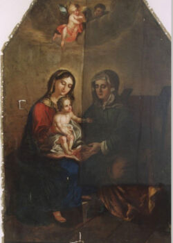 Lico obrazu. Stan podczas usuwania warstwy pociemniałego werniksu Lico obrazu. Stan podczas usuwania warstwy pociemniałego werniksu