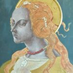 Ćwiczenia z techniki temperowej na desce z elementami złoceń. Praca studencka.