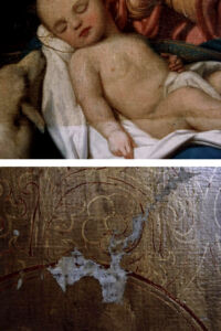 Fragmenty lica obrazu. Stan podczas usuwania warstwy pociemniałego werniksu oraz uzupełniania ubytków warstwy zaprawy