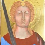 Ćwiczenia z techniki malarstwa temperowego na desce z elementami złoceń. Praca studencka