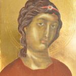 Ćwiczenia z techniki malarstwa temperowego na desce z elementami złoceń. Praca studencka