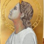 Ćwiczenia z techniki malarstwa temperowego na desce z elementami złoceń. Praca studencka