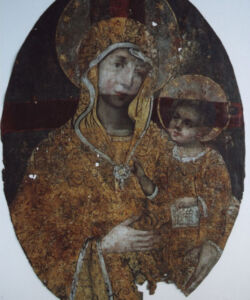 Lico obrazu. Stan podczas usuwania przemalowań. Widoczne świadki wtórnych warstw malarskich